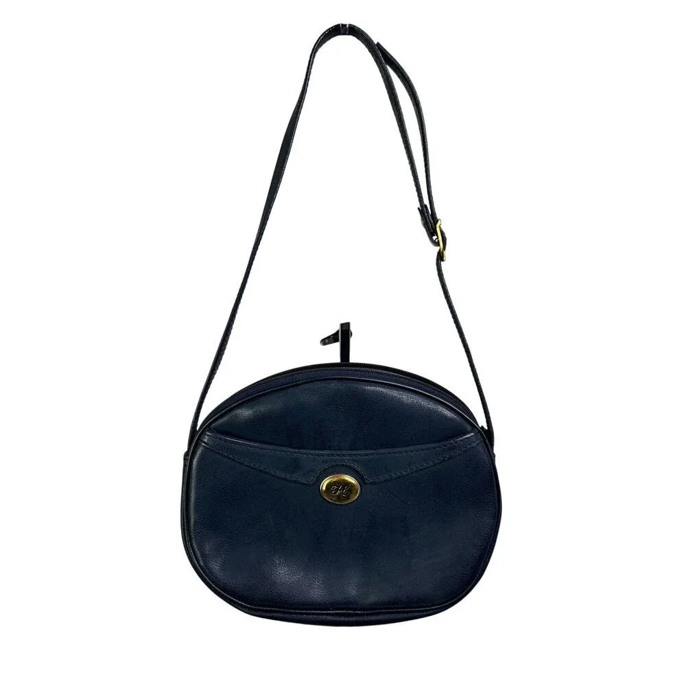 Hexagona Paris Women Navy Oval Leather Handbag Quiet Luxury‎ Old Money Gold